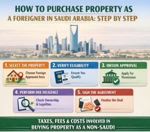a five-step process for foreigners purchasing property in Saudi Arabia, emphasizing the need for regulatory compliance.