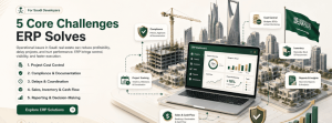  features an informational graphic titled "5 Core Challenges ERP Solves" tailored for Saudi real estate developers.